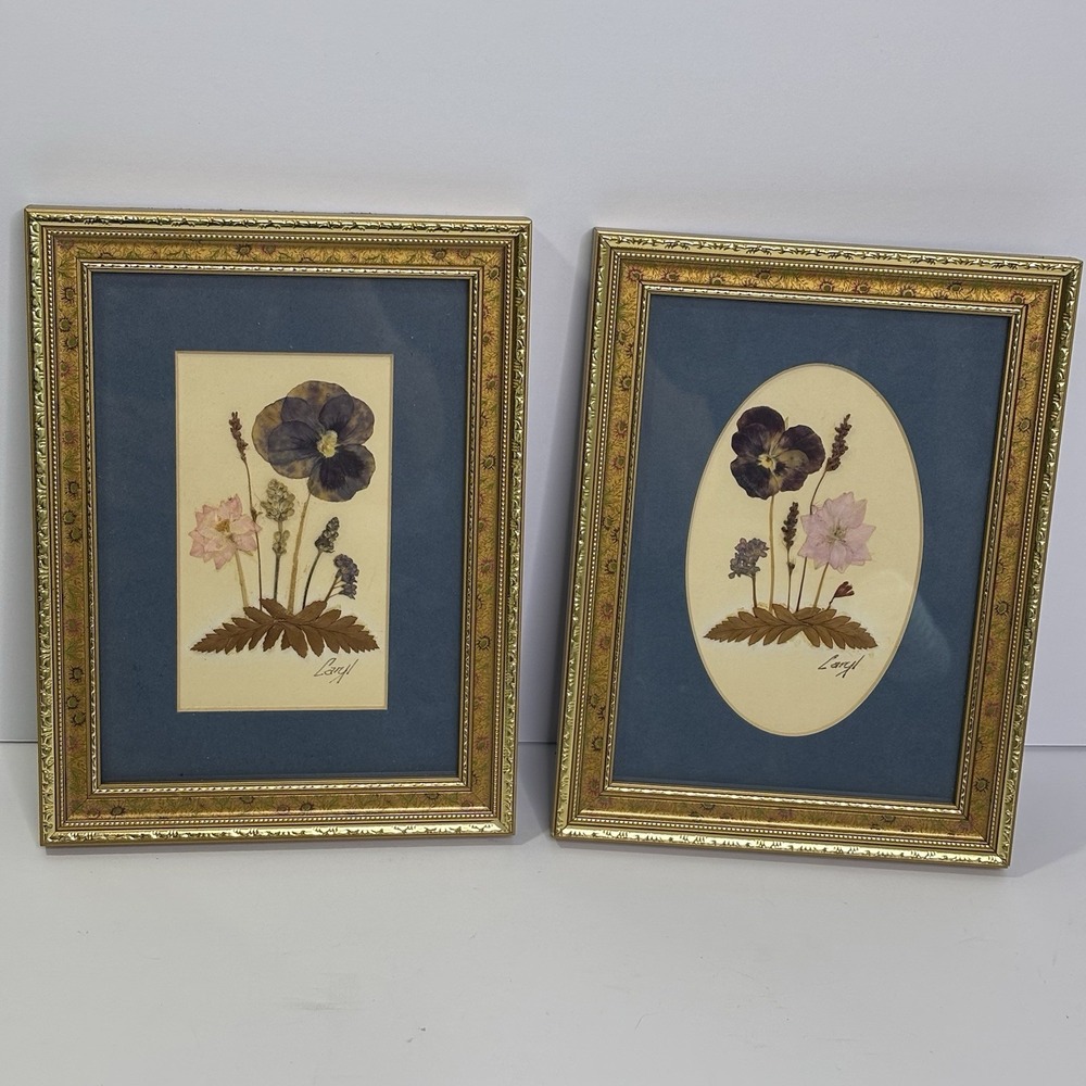 Vintage Framed Dried Pressed Flowers Wall Decor Handmade Set Of 2 Approx 8"x6"